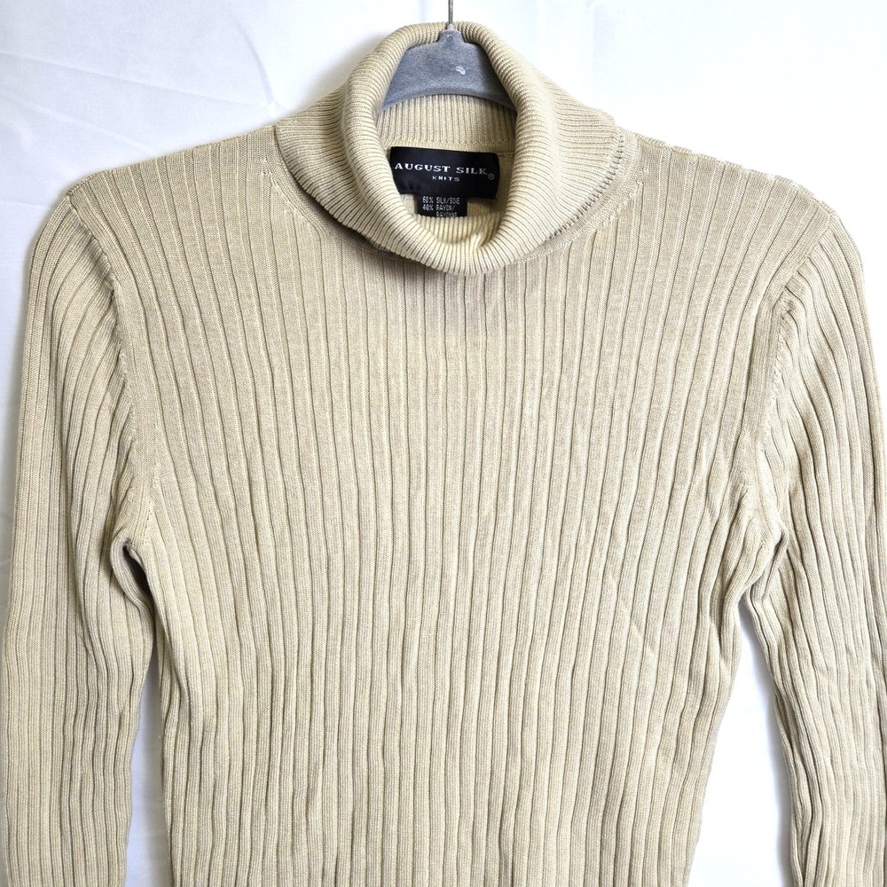 August Silk Knits Silk Blend Ribbed Turtleneck, Quiet Luxury Preppy, Beige Small